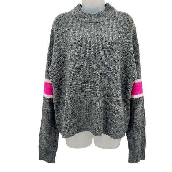 John & Jenn Varsity Stripe Gray Pink Mock Neck Pullover Sweater Top Large NEW - Picture 11 of 11